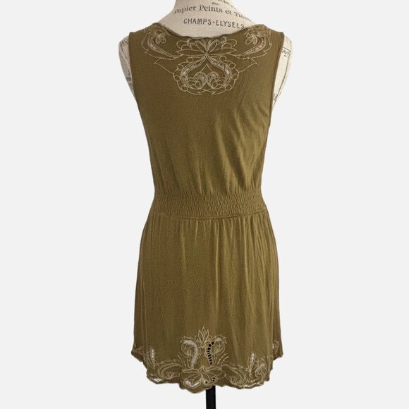 Boho Olive Green Embroidered Mini Dress - Sleeveless, Smocked Waist- M - Picture 2 of 11